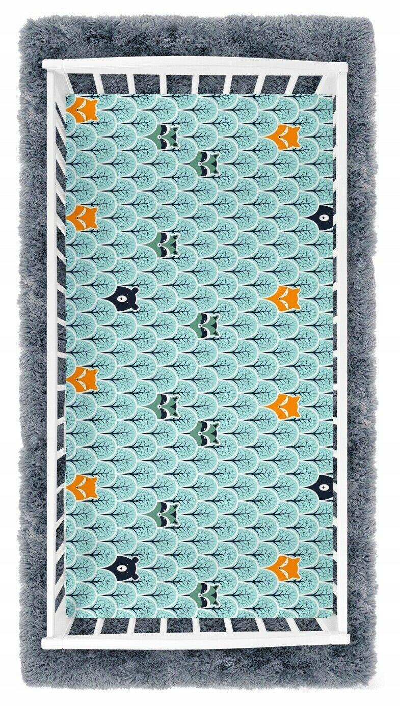 Baby Fitted Junior Bed Sheet Printed 100% Cotton Mattress 160X70cm Fox In Forest Turquoise