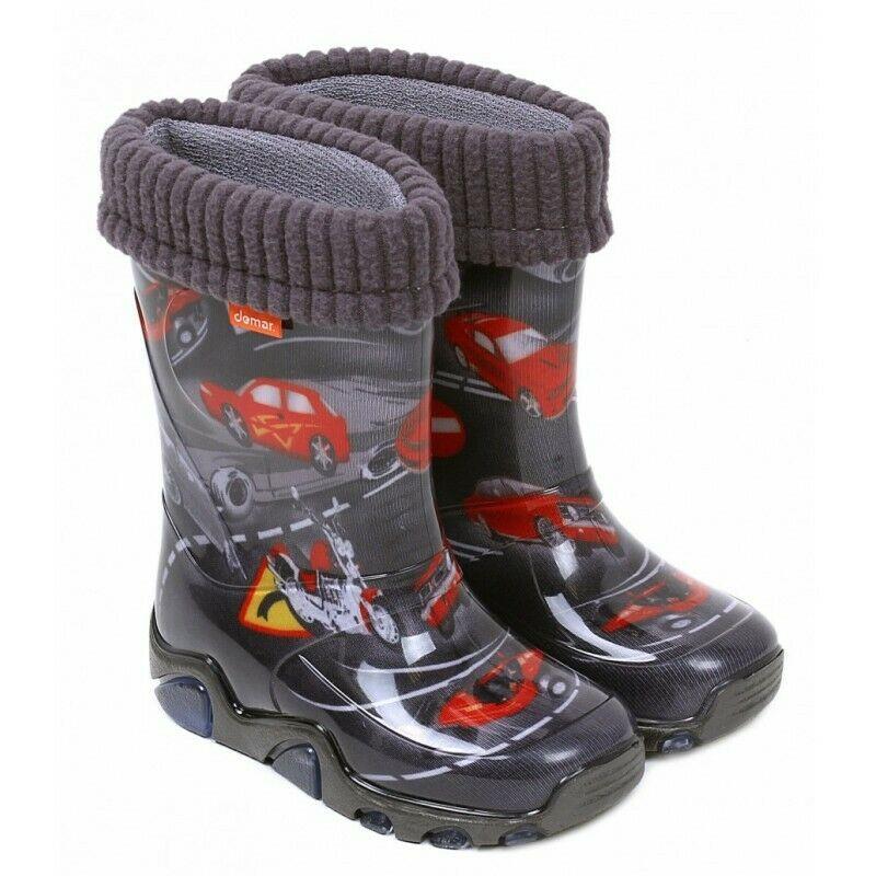 Wellies Kids Rain Snow Boots Removable Inner Lining Socks Wellington Cars