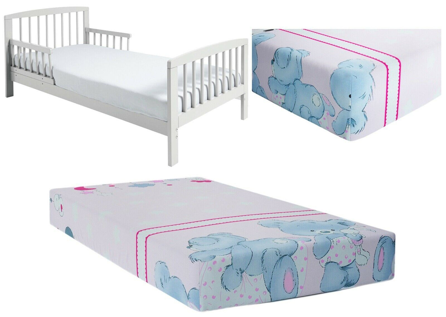 Baby Fitted Junior Bed Sheet Printed 100% Cotton Mattress 160X70cm Cuddle Bear Pink
