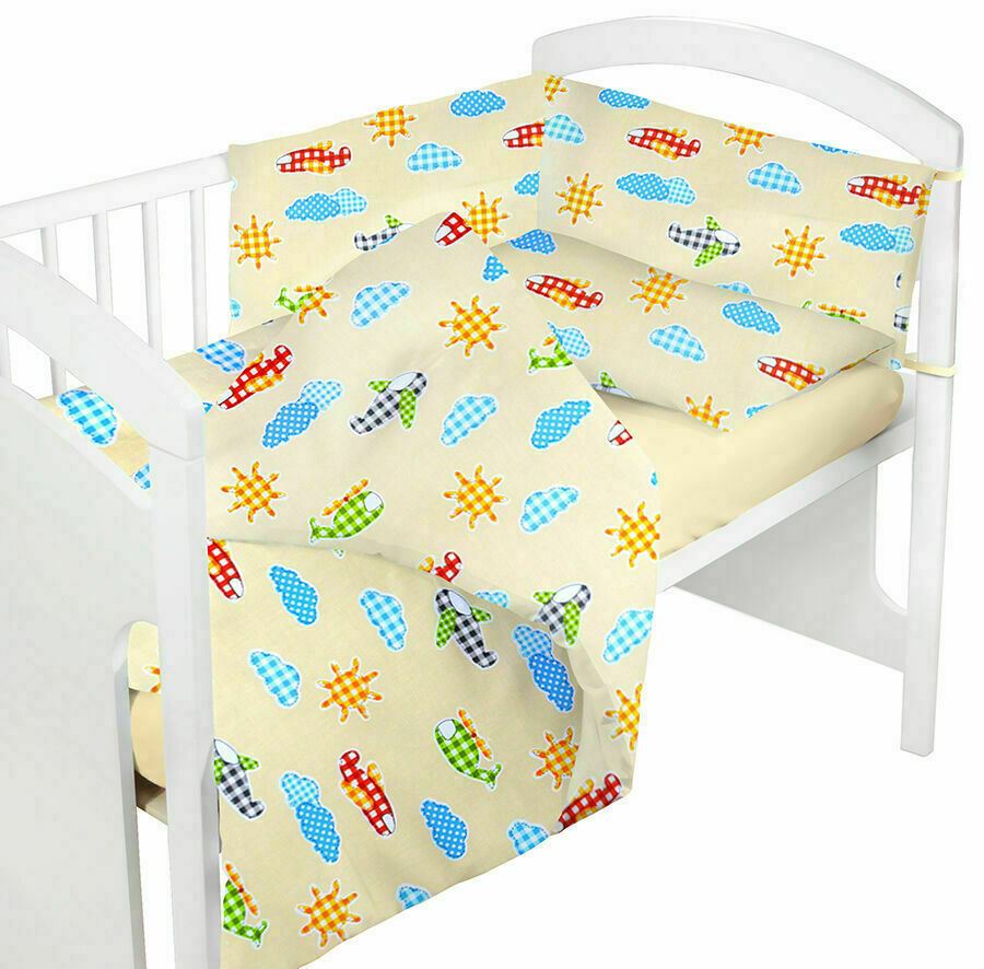Baby 3Pc Bedding Set Pillow Duvet Bumper Fit Cotbed 140X70cm Planes Cream
