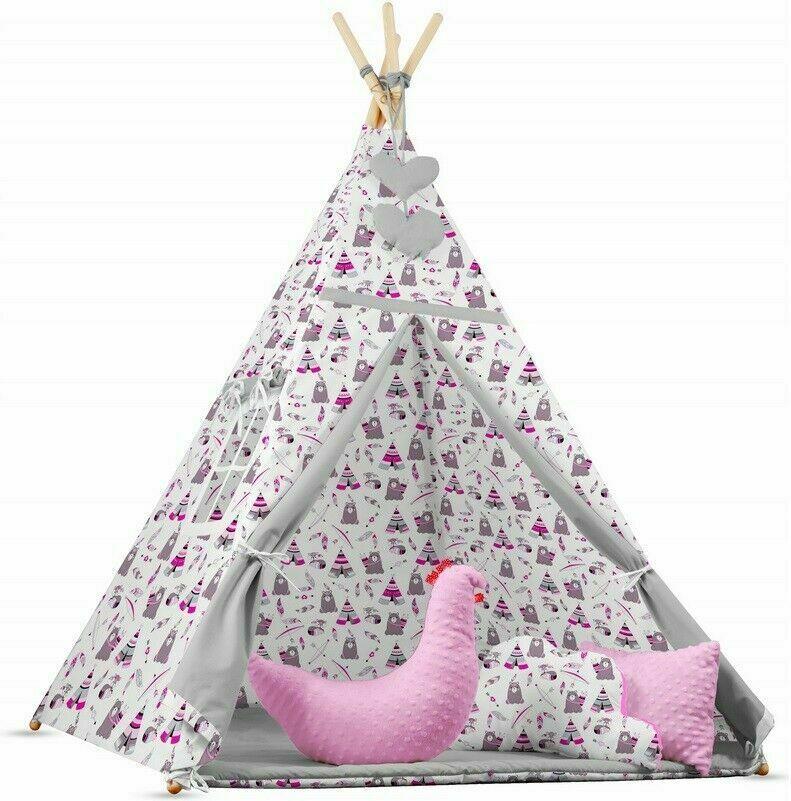 Teepee Wigwam Indoor Outdoor Kids Playhouse Tent With Three Cushions Indian Sleep Grey