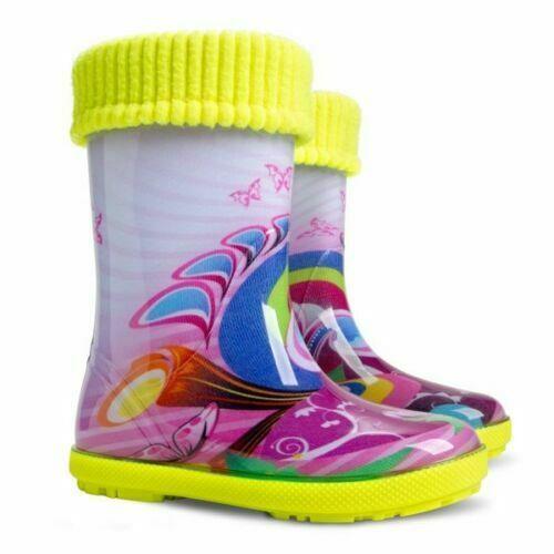 Wellies Kids Rain Snow Boots Removable Inner Lining Socks Wellington Purple Butterfly