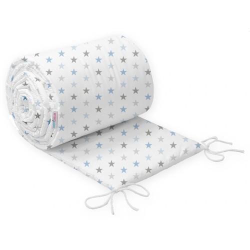 Breathable Cot Bumper 180cm 100% Cotton Fade Resistant, String Tie - Grey Blue Stars