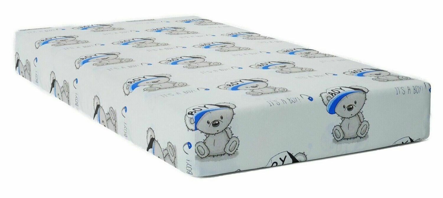 Baby Fitted Cot Bed Sheet Printed 100% Cotton Mattress 140X70cm Teddy Boy White