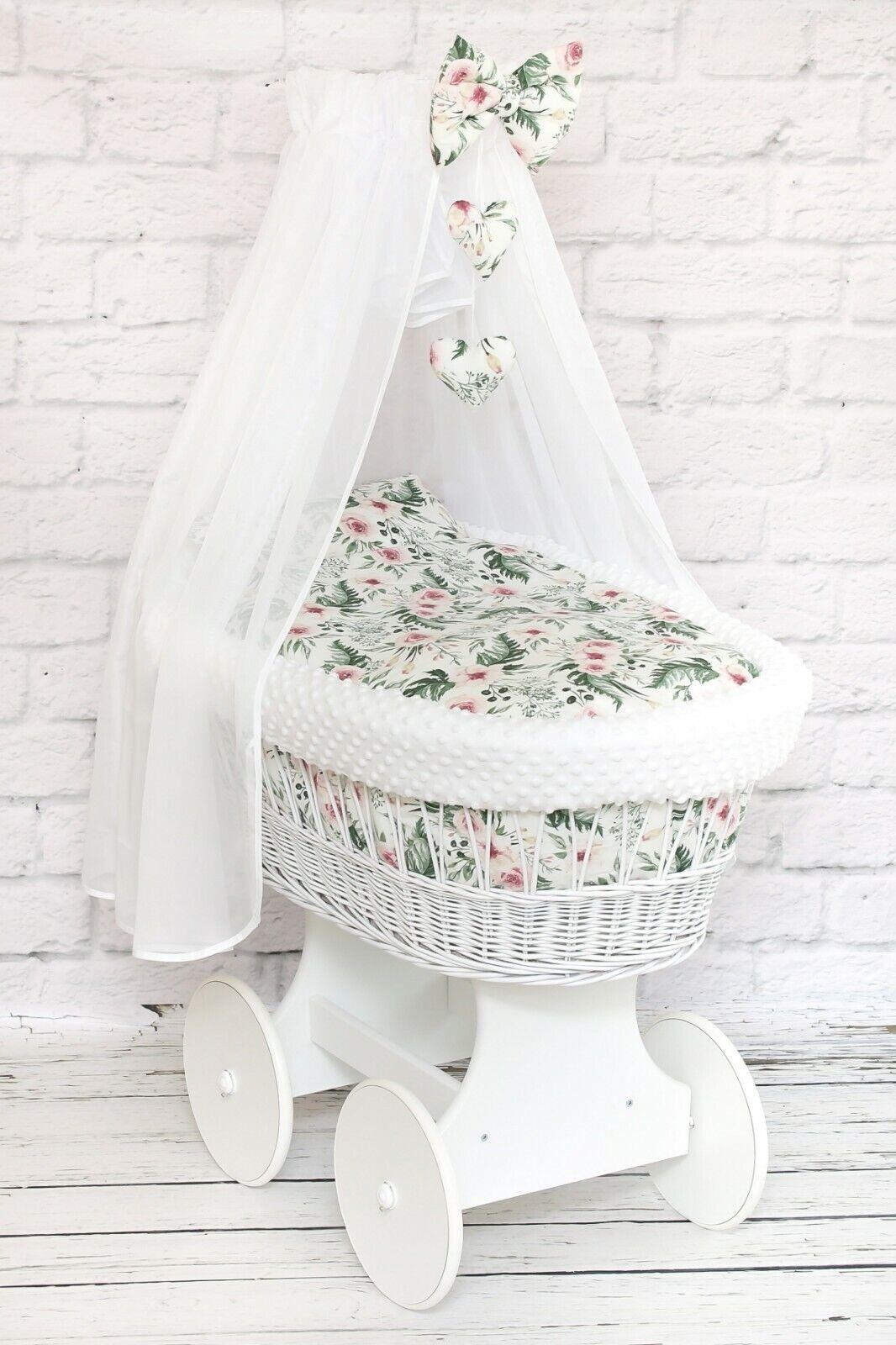White Wicker Moses Basket with Wheels Baby+full Bedding Set Garden Flowers Dimple