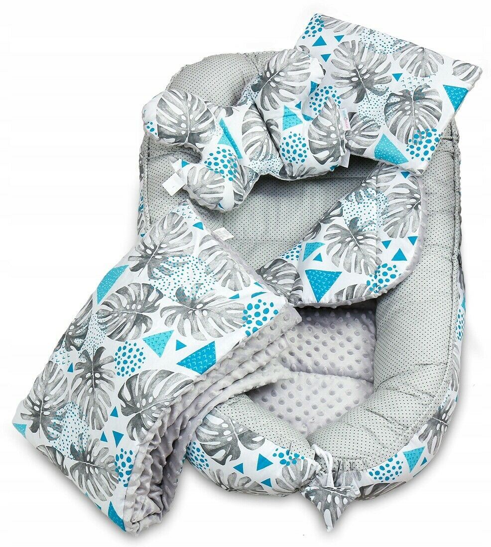 Baby 6pc Double-sided soft infant Cocoon Blue leaves/ Dots with grey