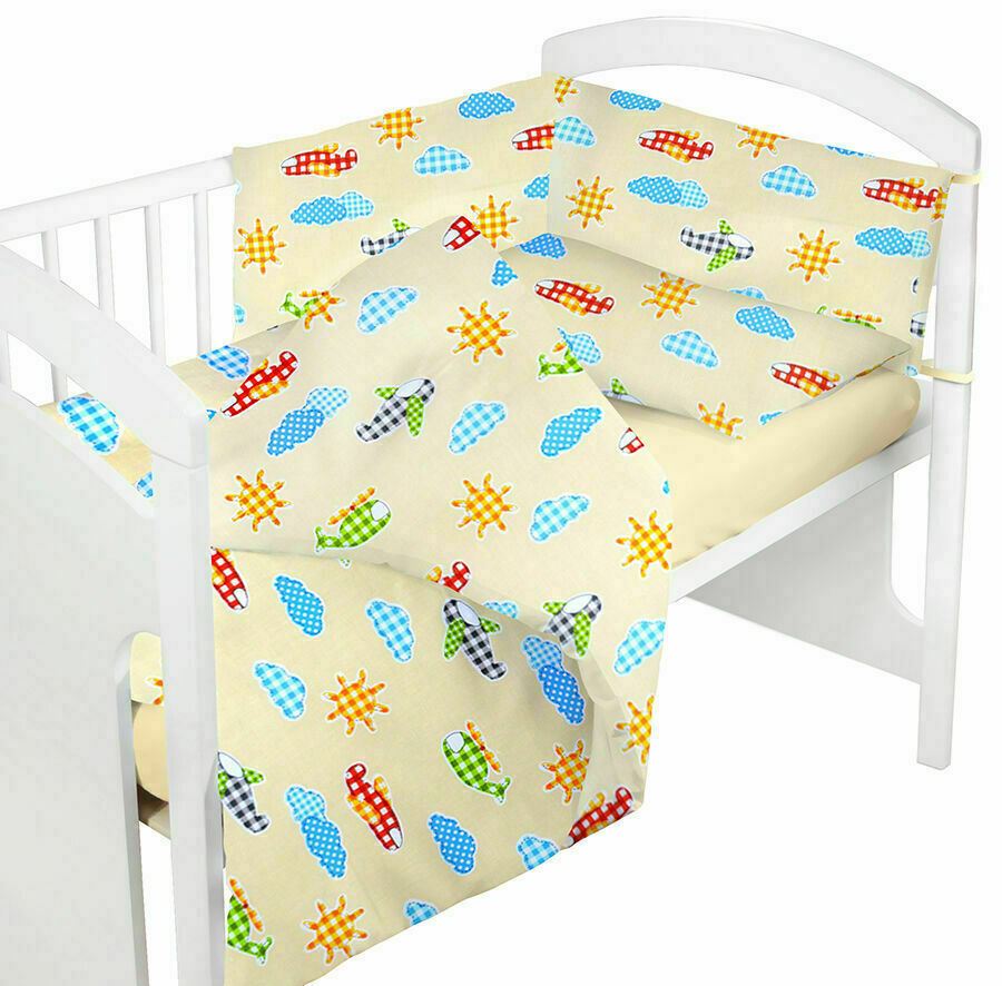 Baby 4Pc Bedding Set Pillow Duvet Quilt Fit Cotbed 140X70cm Planes Cream