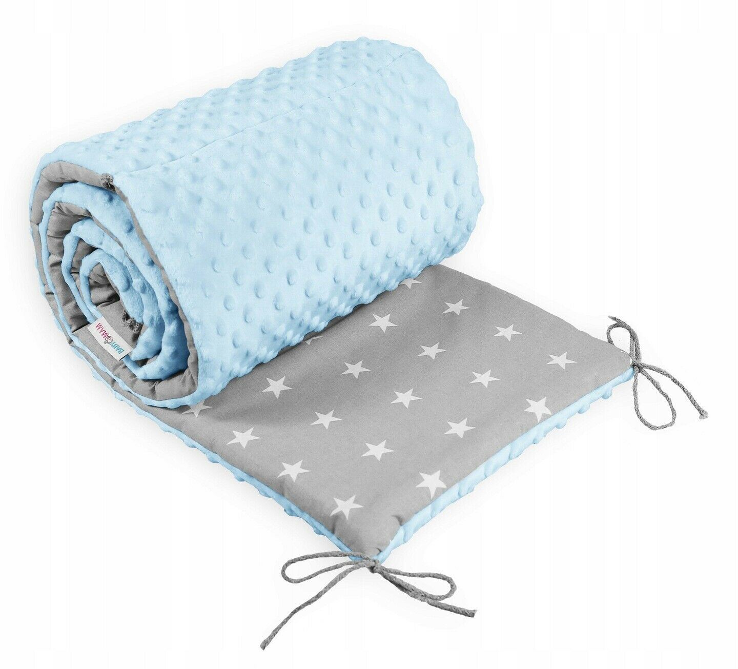 Baby dimple padded bumper 180cm straight fit COT 120x60 Blue/ Small white stars on grey