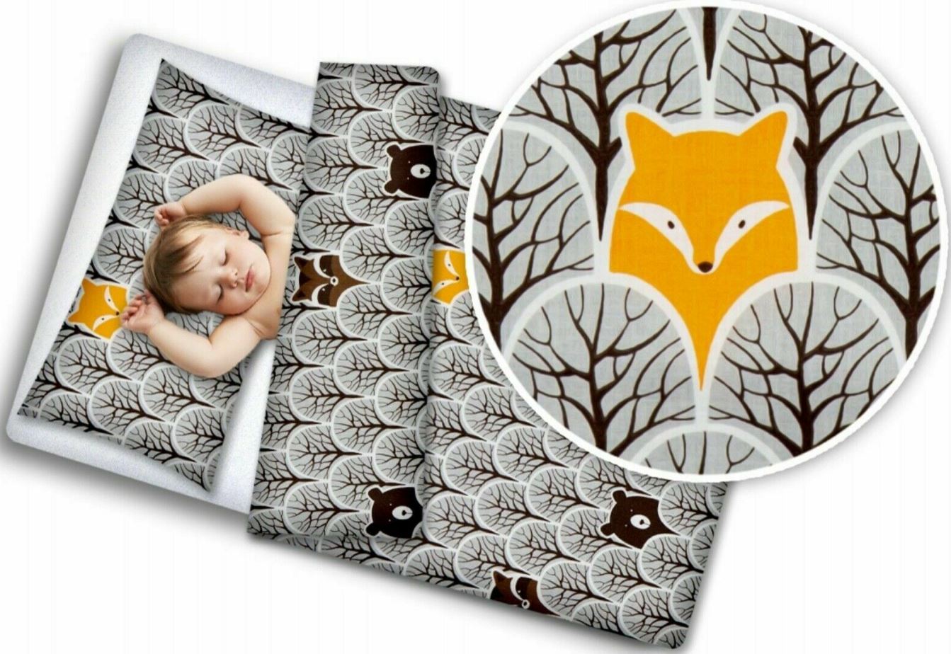 Baby 4Pc Bedding Set Pillow Duvet Quilt Fit Cotbed 140x70cm Fox In Forest Grey