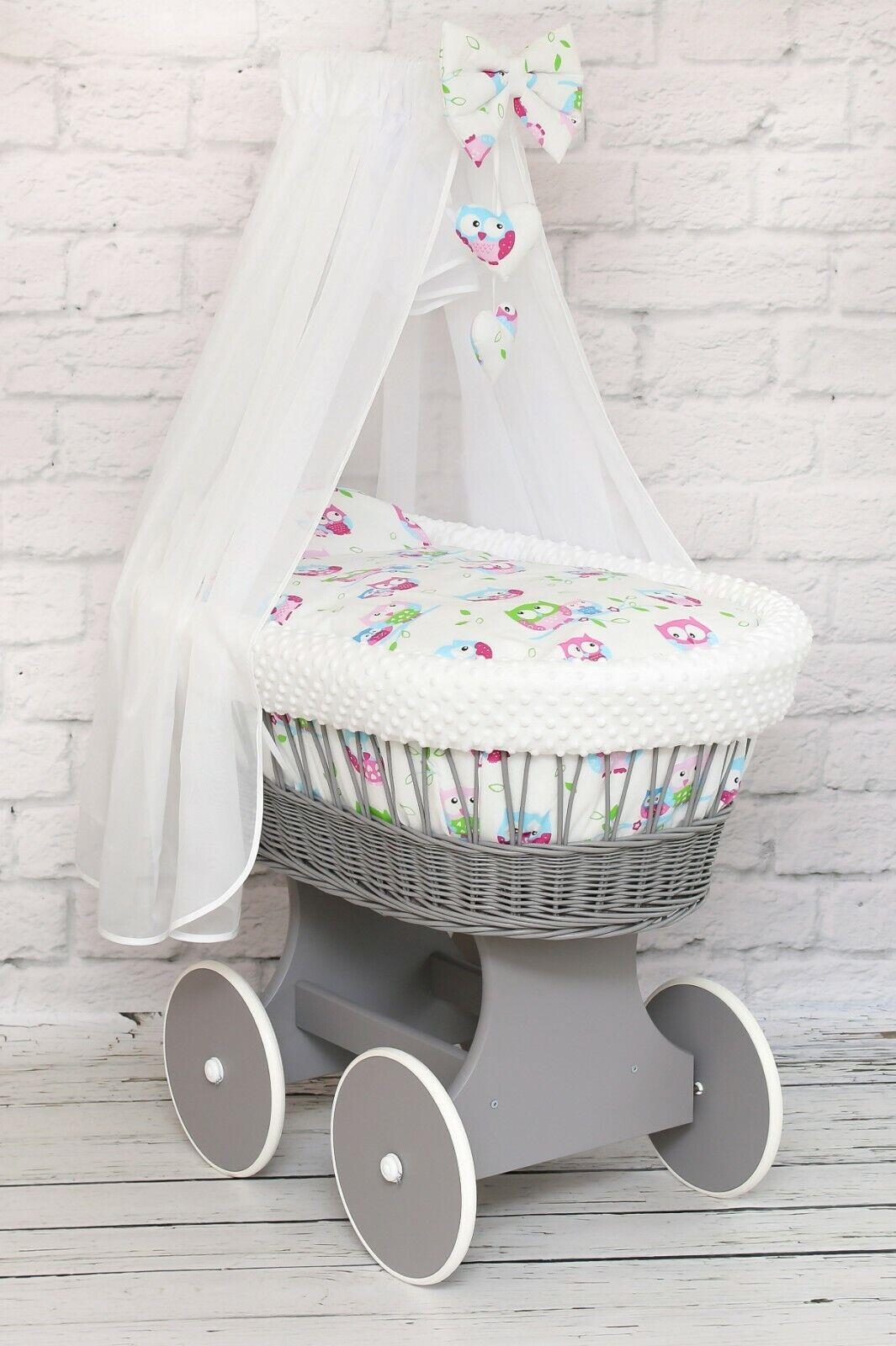 Moses Wicker Basket Full Set Bedding Set Canopy Grey/Owls white dimple