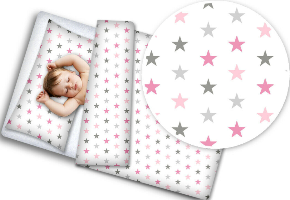 Baby 5Pc Bedding Set Pillow Duvet Bumper Fit Cotbed 140x70cm Grey Pink Stars