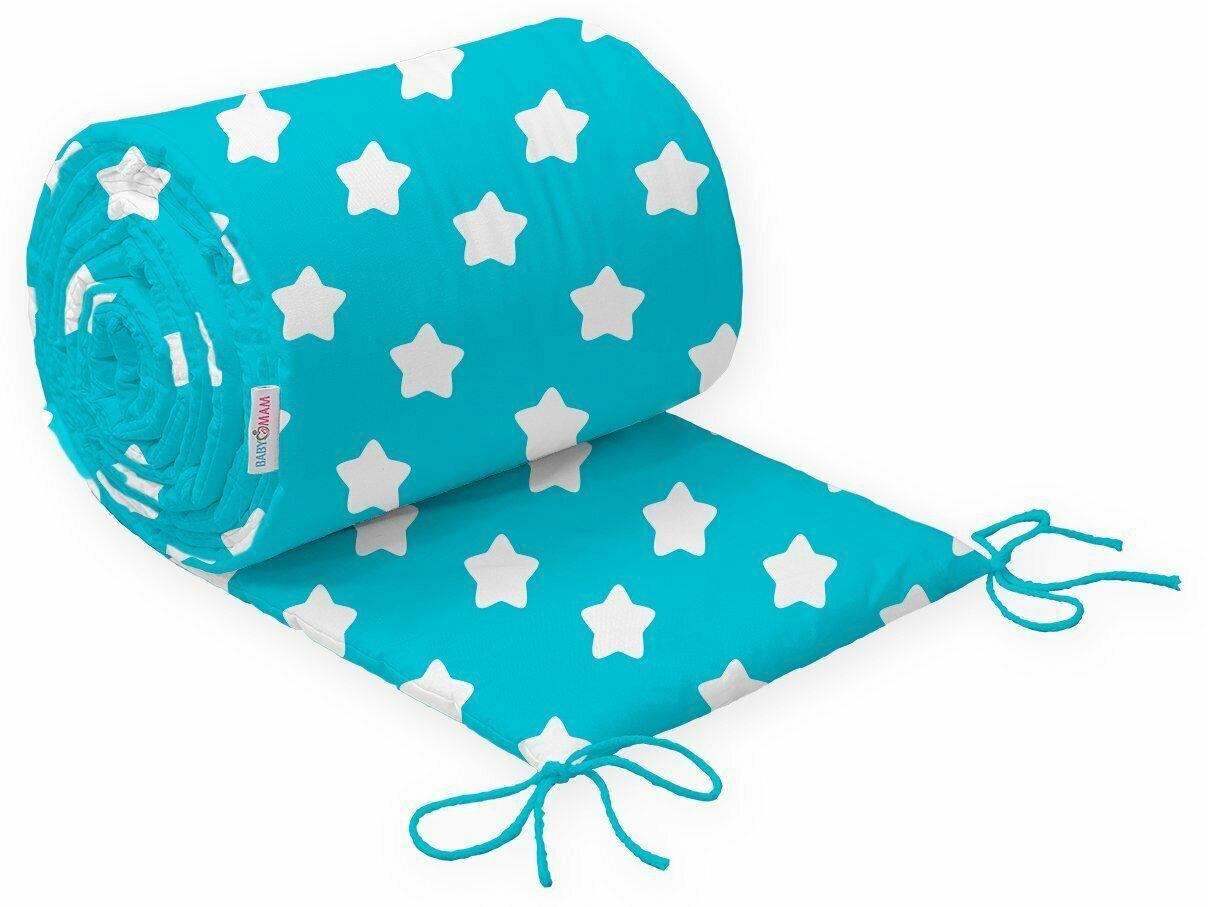 Padded Bumper To Fit Baby Cot Bed All-Round Cotton 420cm Big White Stars On Turquoise