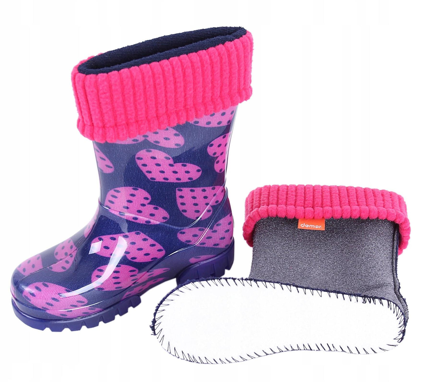 Wellies Kids Rain Snow Boots Removable Inner Lining Socks Wellington Hearts