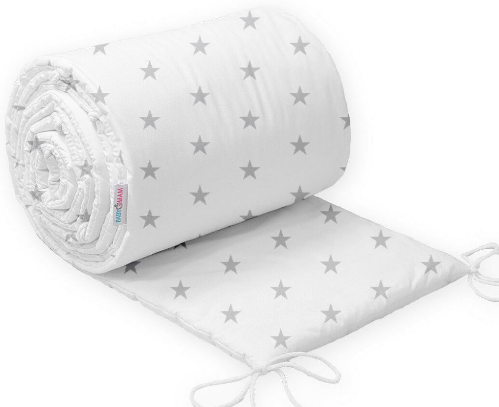 Baby Bedding Bumper 190cm Half CotBed Small Grey Stars On White