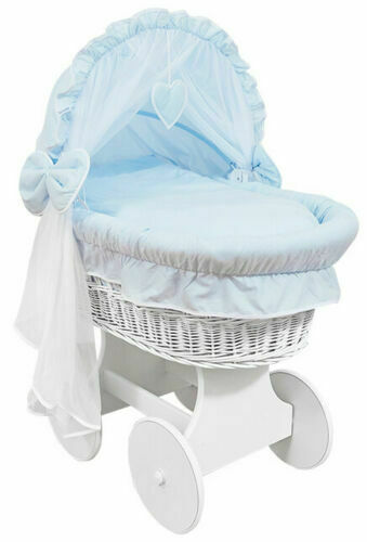 Baby Full Bedding Set With Hood To Fit Wicker Moses Basket Cotton Blue