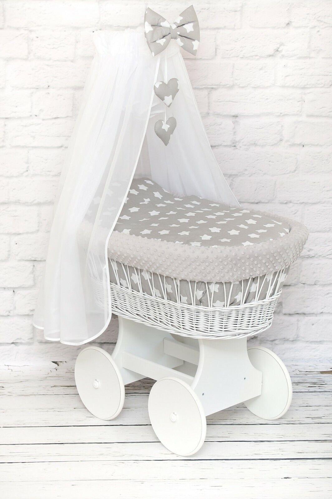 White Wicker Moses Basket with Wheels Baby+full Bedding Set Big stars on grey dimple