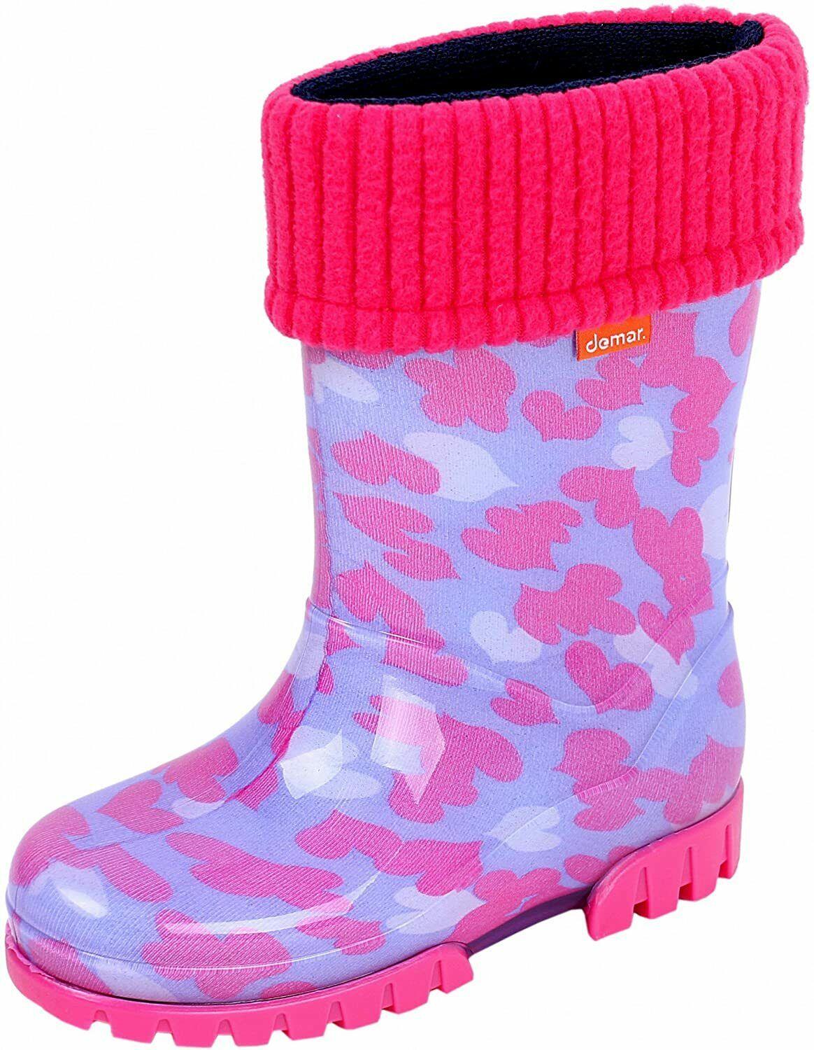 Wellies Kids Rain Snow Boots Removable Inner Lining Socks Wellington White & Pink Hearts - MyHappy Baby