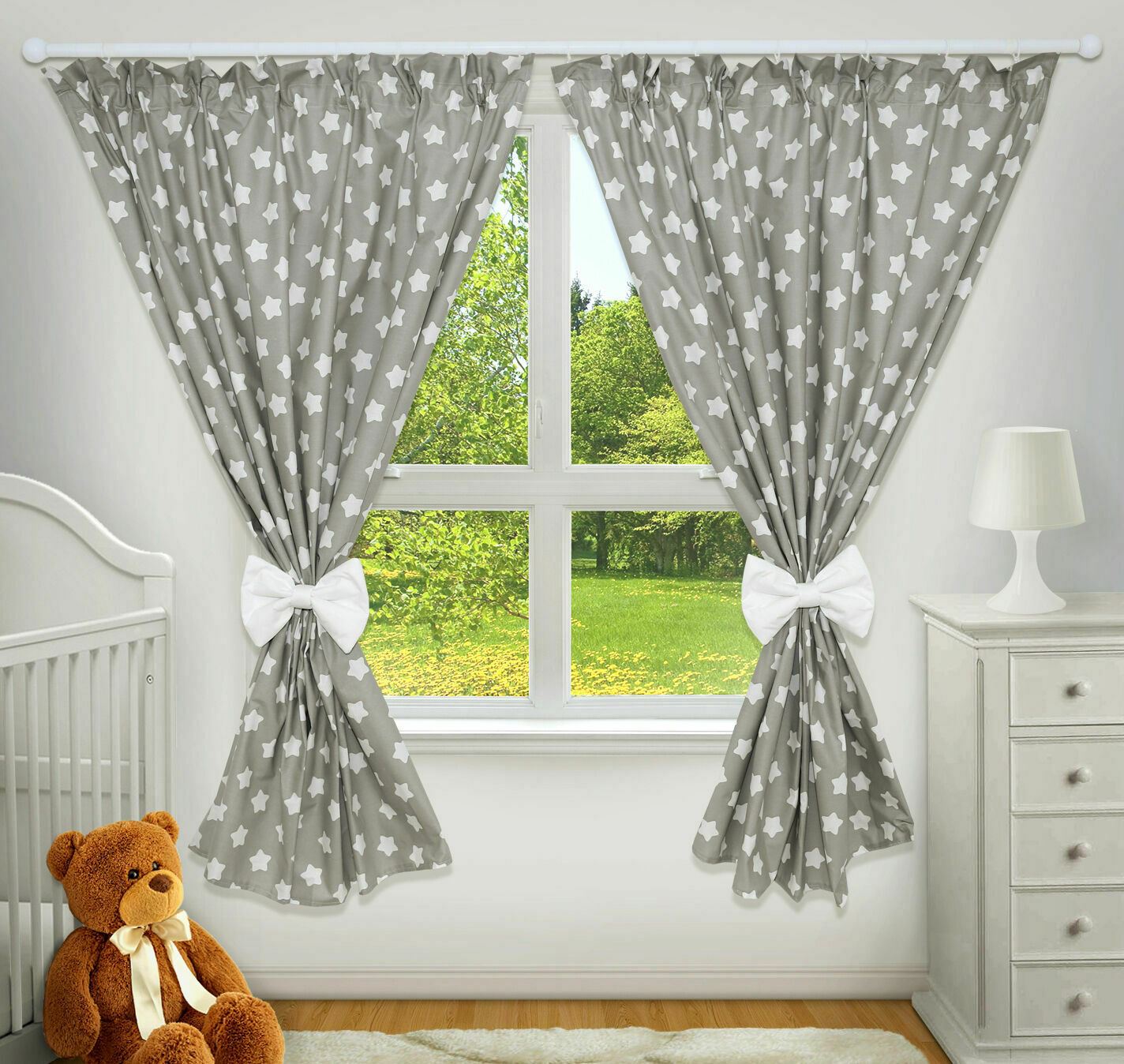 Nursery Curtains for Babies & Toddler's Bedroom Big white stars on grey