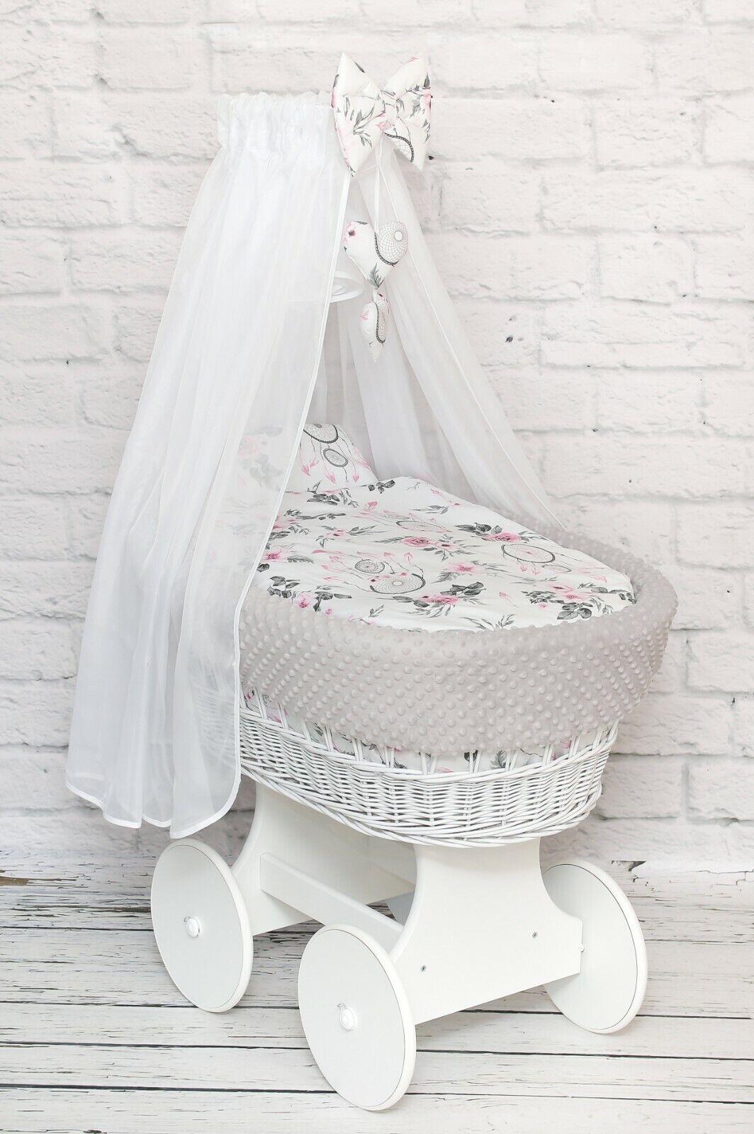 White Wicker Moses Basket with Wheels Baby+full Bedding Set Dream catcher dimple grey