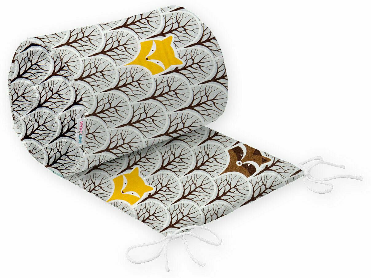 Padded Baby Bumper To Fit Cot 120x60cm All Around 100% Cotton 360cm Fox Forest Grey
