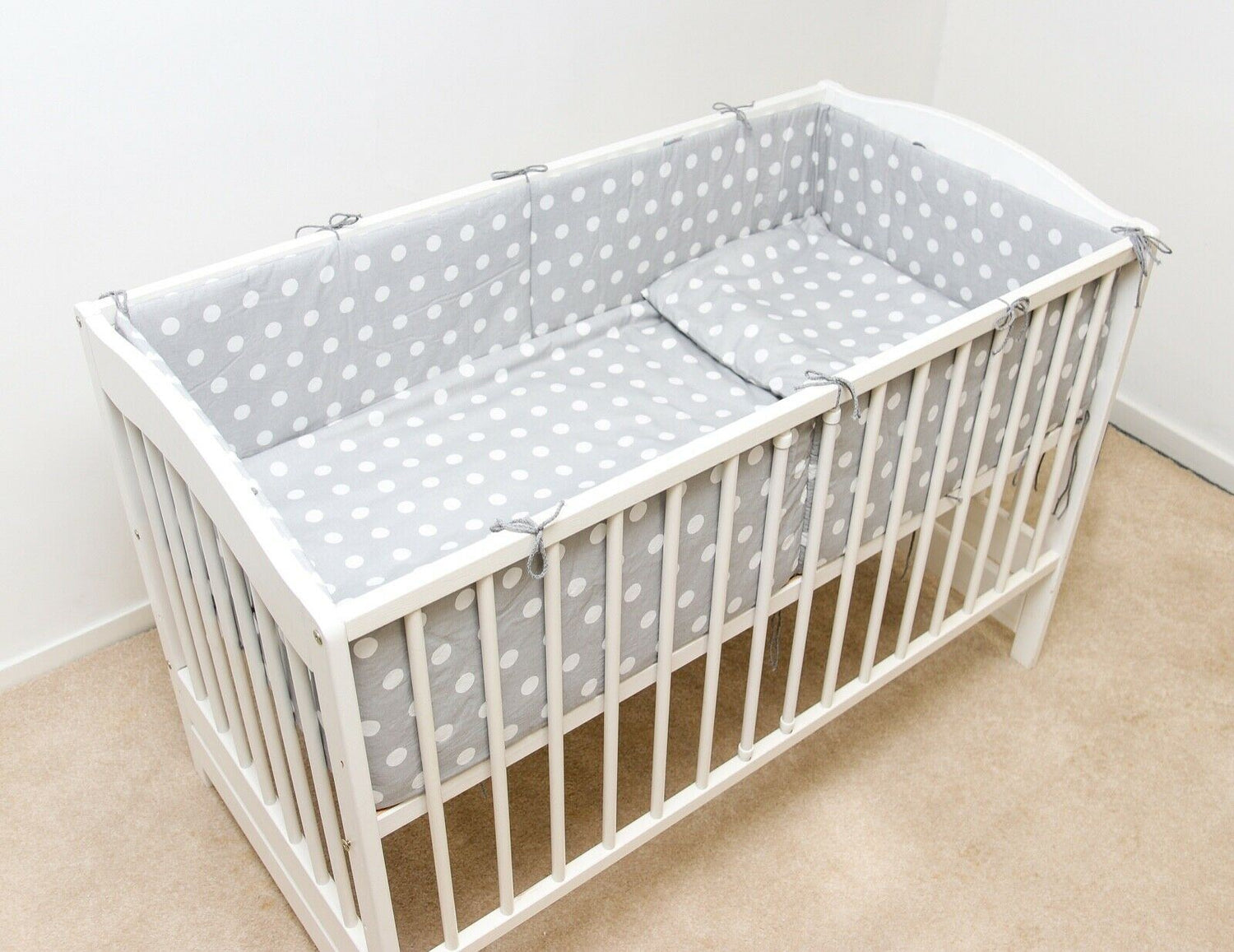 Baby 3Pc Bedding Set Pillow Duvet Bumper All-Round Fit Cotbed 140X70cm Dots Grey