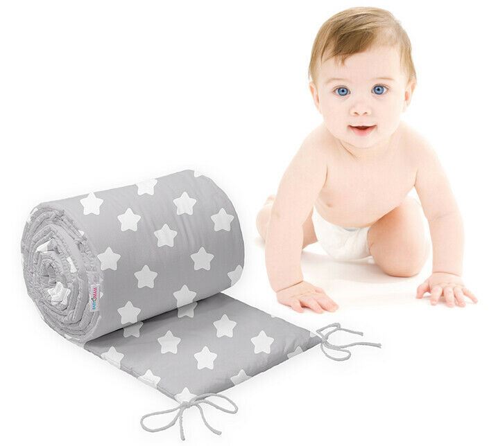 Baby Padded Bumper 100% Cotton To Fit Crib All Round 260cm Big White Stars On Grey