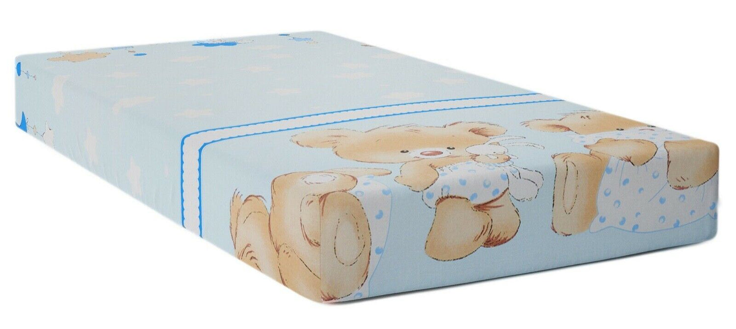 Baby Fitted Junior Bed Sheet Printed 100% Cotton Mattress 160X70cm Cuddle Bear Blue