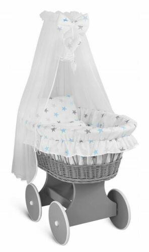 Grey Wicker Wheels Moses Basket Baby+Full Bedding Set Blue grey stars