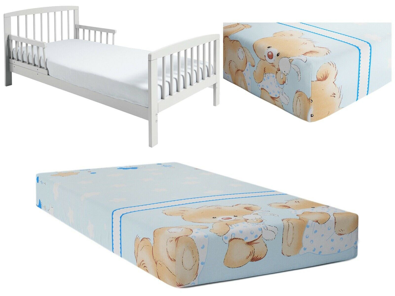 Baby Fitted Junior Bed Sheet Printed 100% Cotton Mattress 160X70cm Cuddle Bear Blue