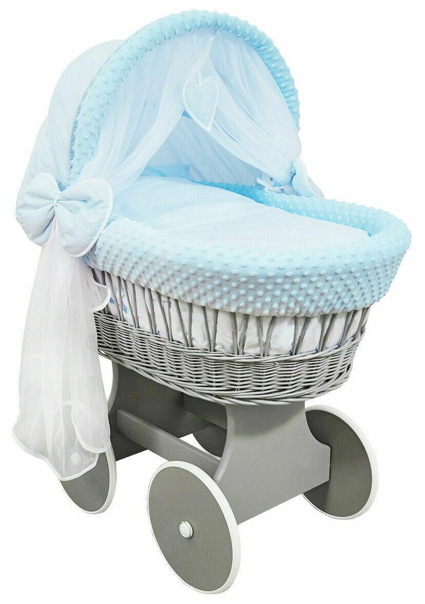 Baby Full Bedding Set With Hood To Fit Wicker Moses Basket Dimple Blue