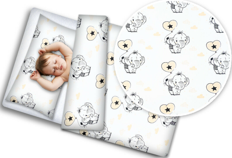 Baby 4Pc Bedding Set Pillow Duvet Quilt Fit Cotbed 140X70cm Elephants With Balloons