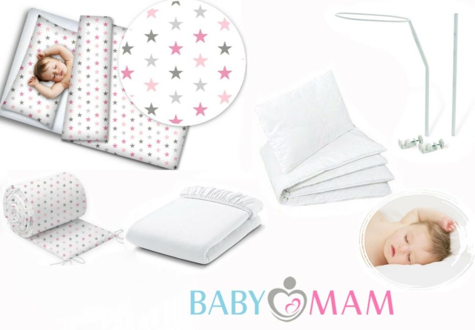 Baby Bedding Set 10Pc Fit Cot Bed 140x70cm - Grey Pink Stars