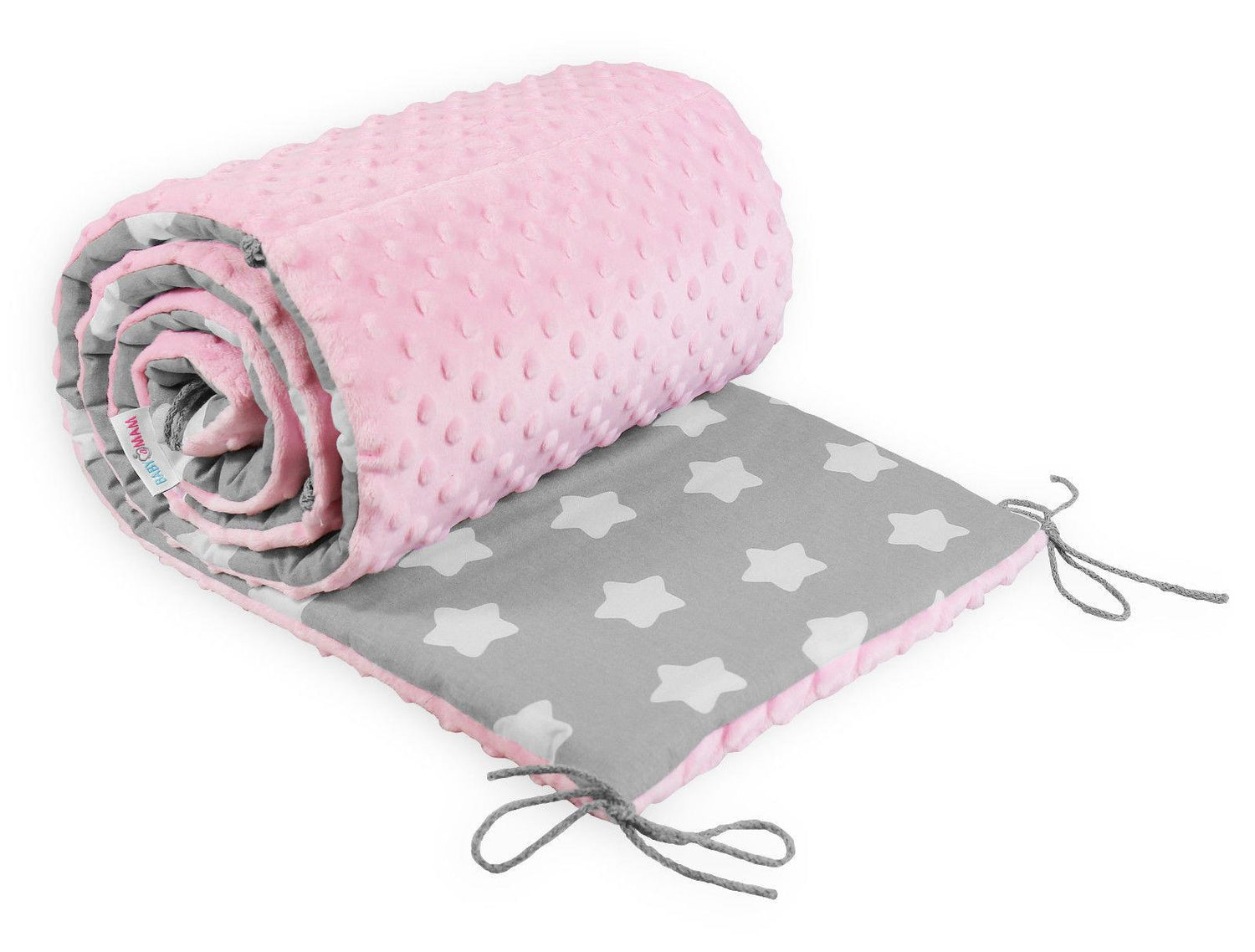 Baby dimple padded bumper nursery protection fit cot bed 140x70 190cm Pink / Big white stars on grey