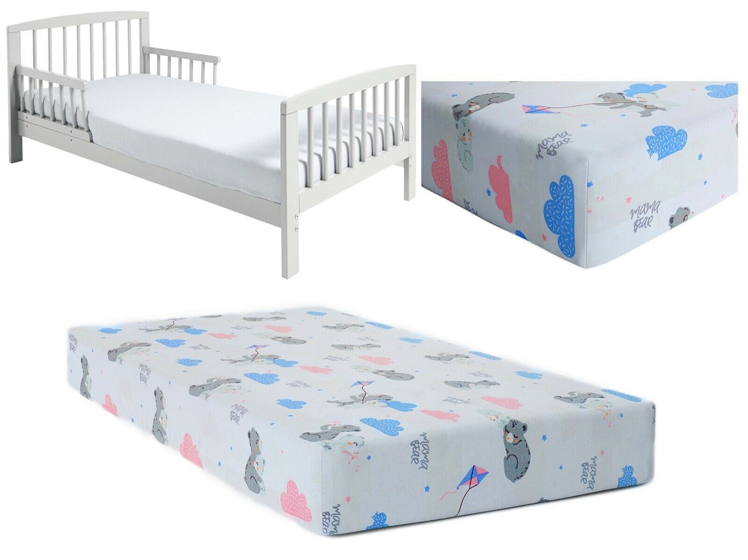 Baby Fitted Junior Bed Sheet Printed 100% Cotton Mattress 160X70cm Mama Bear