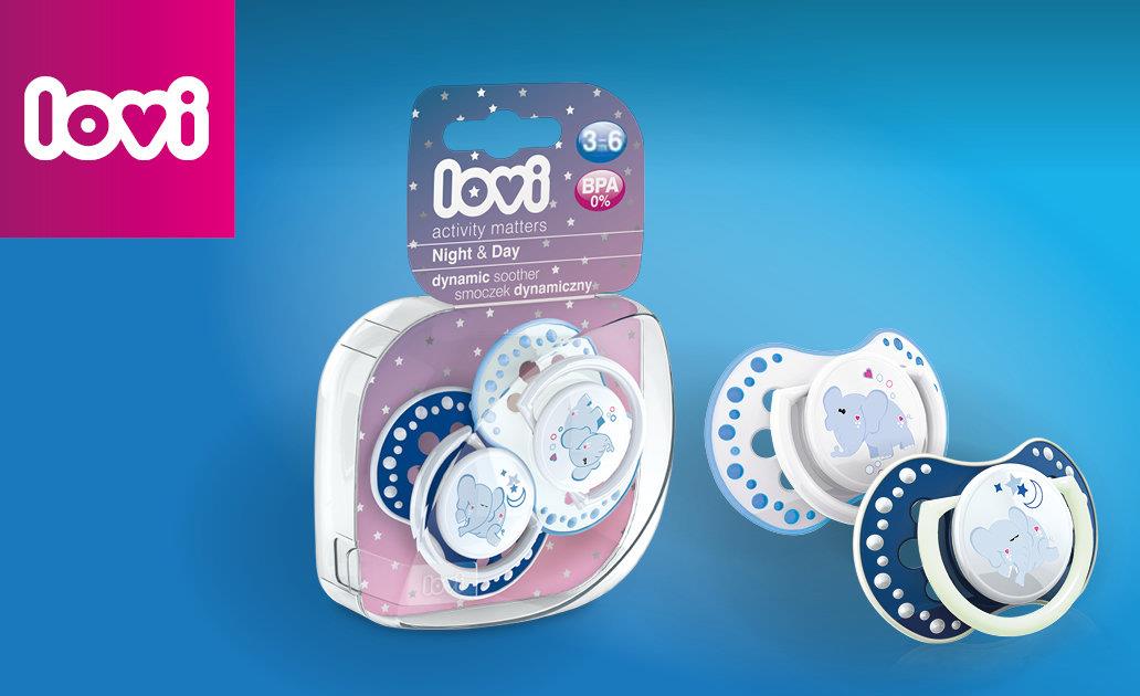 Lovi 2X Silicone Dynamic Soother Dummy Pacifier 3-6 M Day&Night Elephant Blue