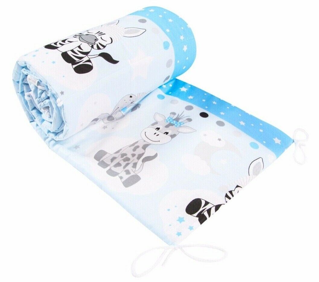 Padded Bumper To Fit Cot Baby Bedding All Round 100% Cotton 360cm Sweet Animals Blue