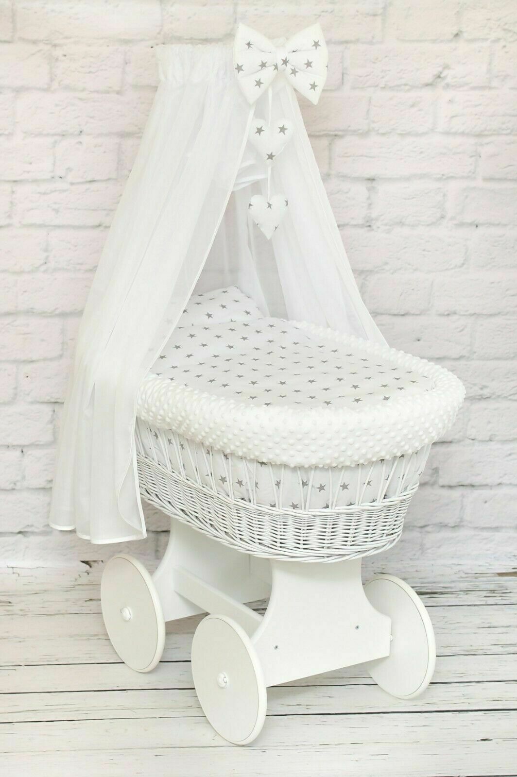 Full Bedding Set With Canopy To Fit Wicker Moses Basket Small Stars With White - Dimple White