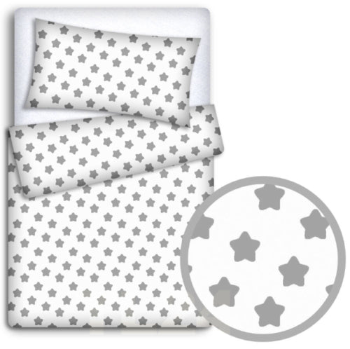 Baby 5Pc Bedding Set Pillow Duvet Bumper Fit Cotbed 140x70cm Big Grey Stars On White