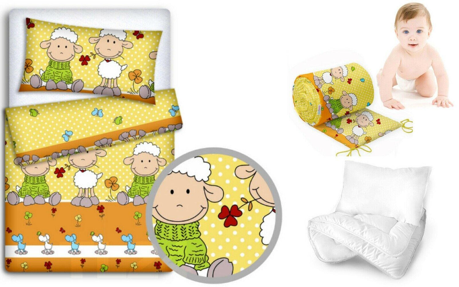5Pc Bedding Set Nursery Pillow Duvet Bumper Fit Cot 120x60cm Sheep Yellow