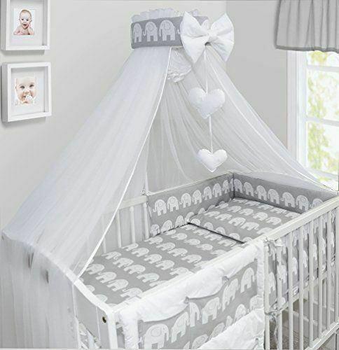 Baby Bedding Set 10Pc Fit Cot Bed 140x70cm - Elephants Grey