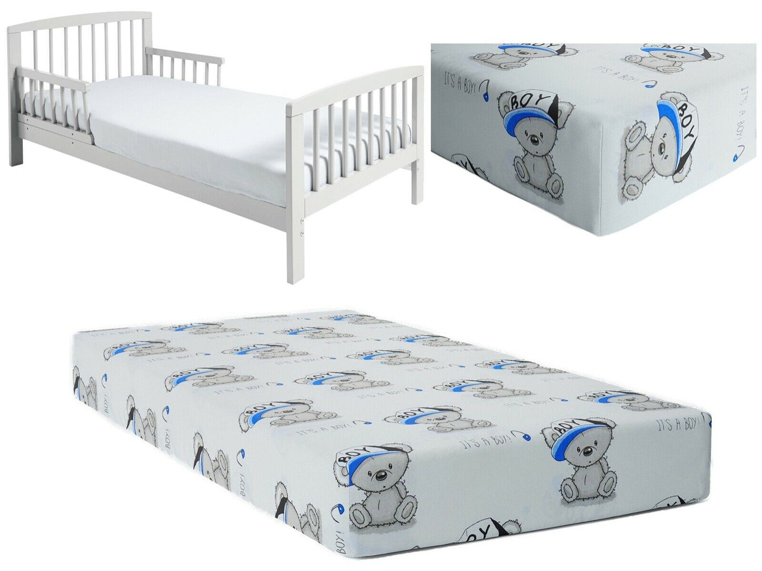 Baby Fitted Toddler Bed Sheet Printed 100% Cotton Mattress 160X80cm Teddy Boy White