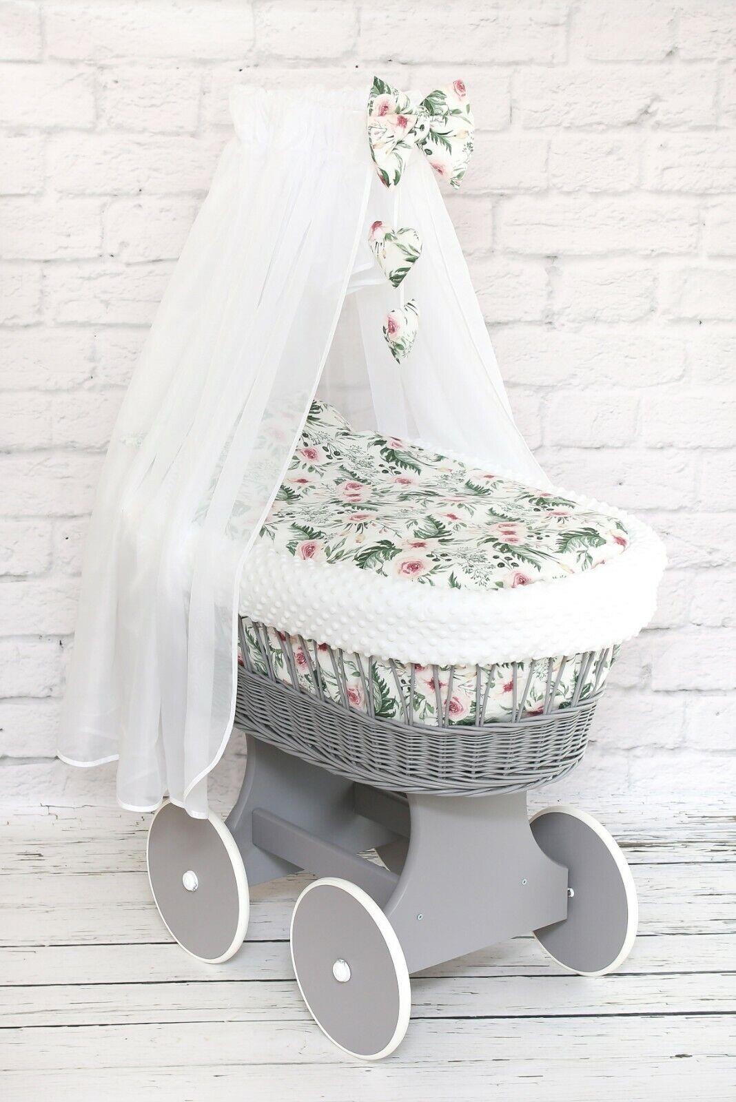 Moses Wicker Basket Full Set Bedding Set Canopy Grey/Garden flowers dimple