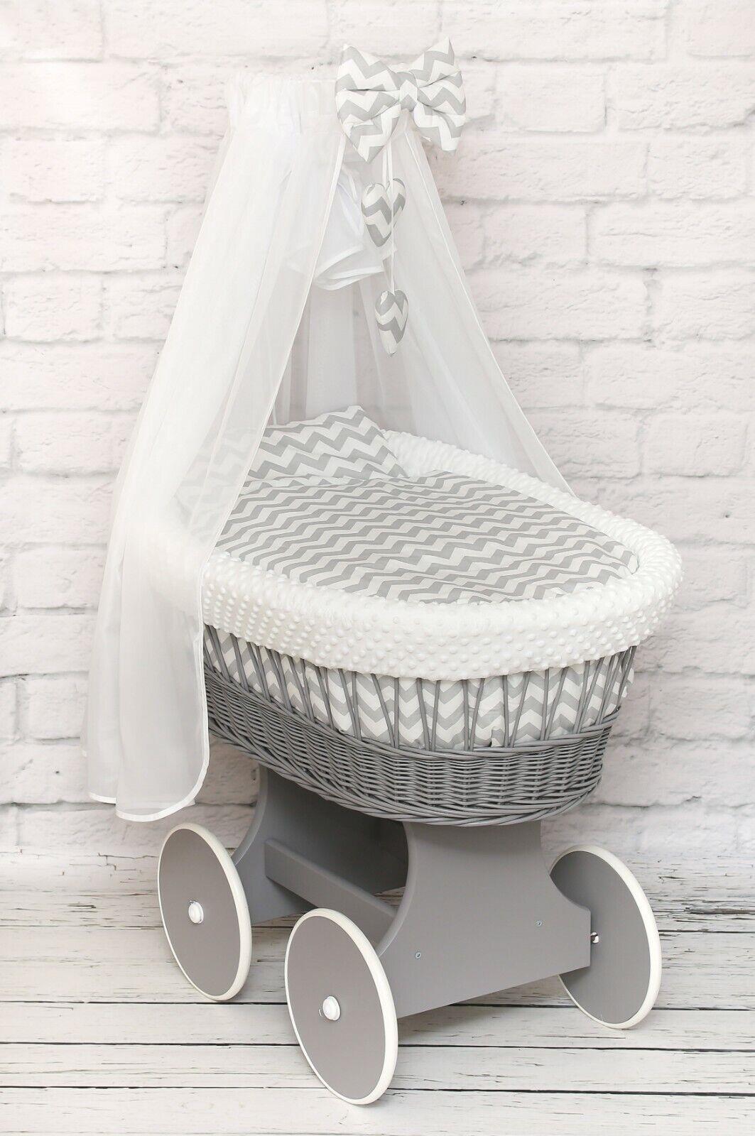 Moses Wicker Basket Full Set Bedding Set Canopy Grey/Dimple White/ Chevron