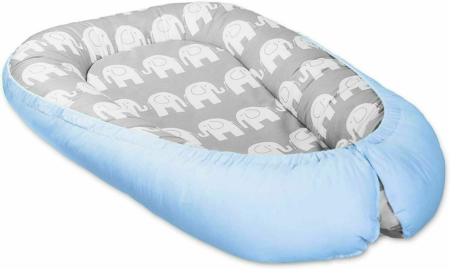 Baby Soft Cocoon Infant Reversible Sleep Nest Blue/ Elephants Grey
