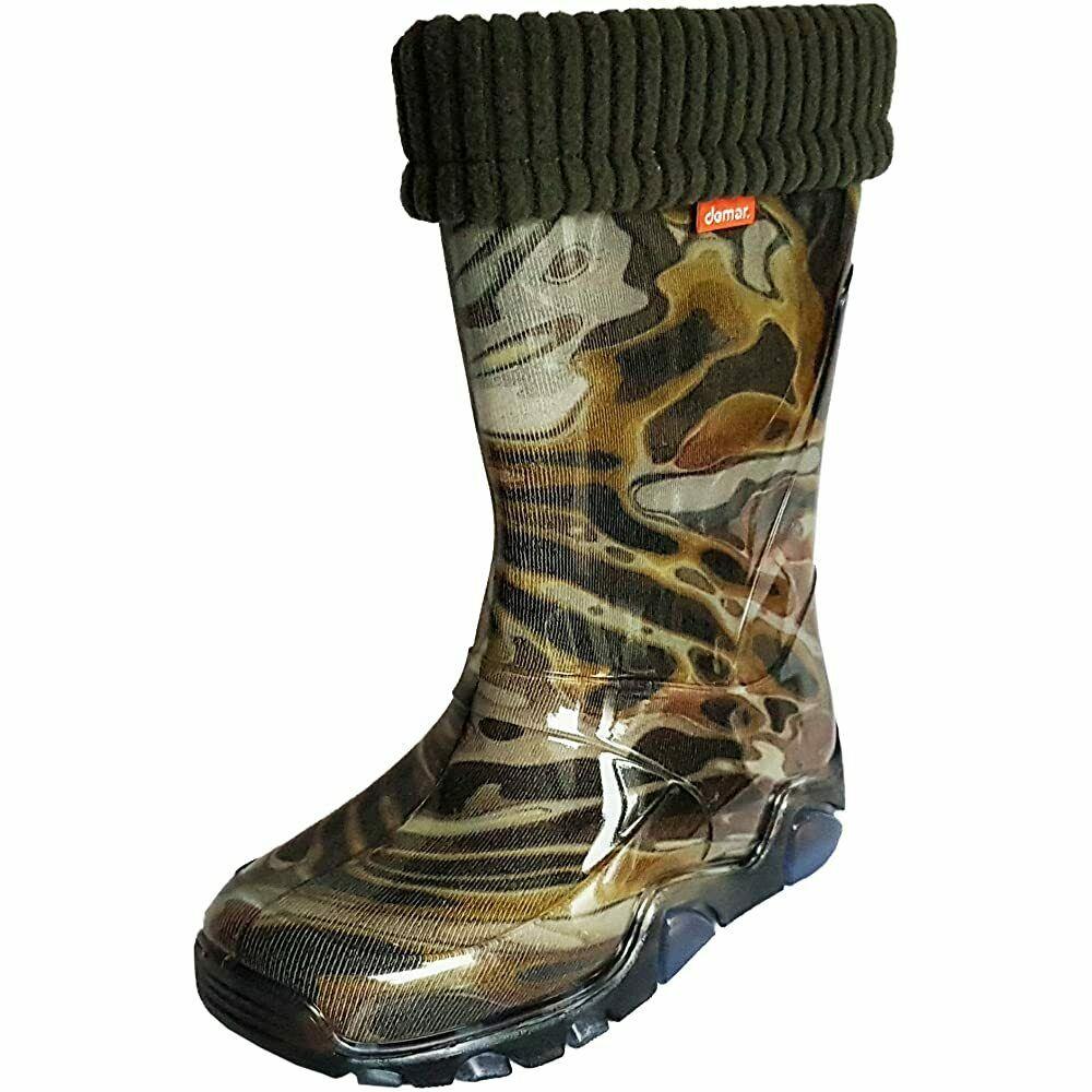 Wellies Kids Rain Snow Boots Removable Inner Lining Socks Wellington Brown Lava