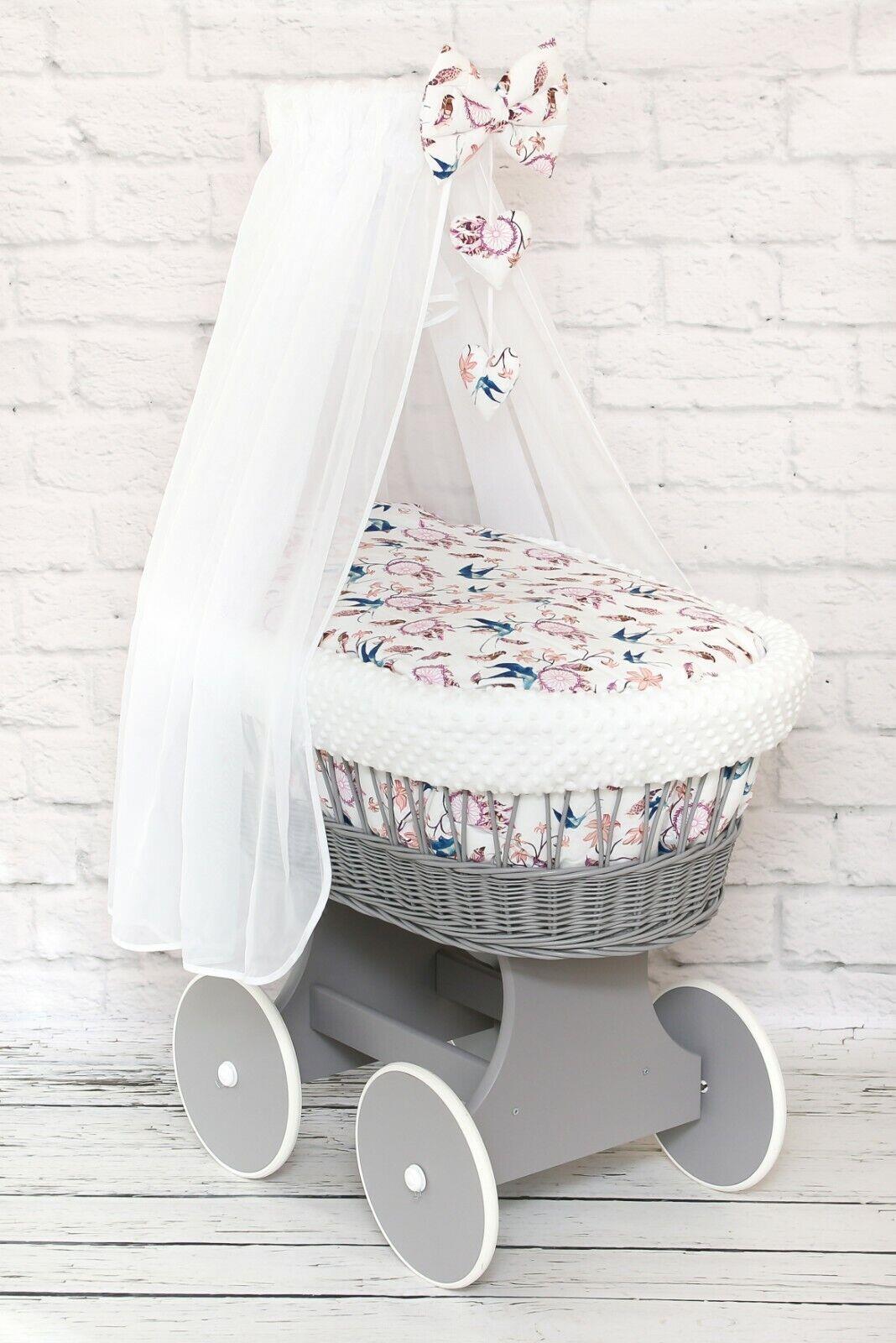 Grey Wicker Wheels Moses Basket Baby+Full Bedding Set Dream catcher birds - white dimple