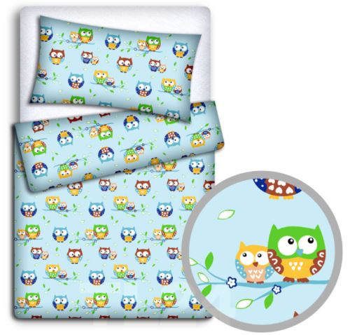Baby 4Pc Bedding Set Pillow Duvet Quilt Fit Cotbed 140X70cm Owls Blue