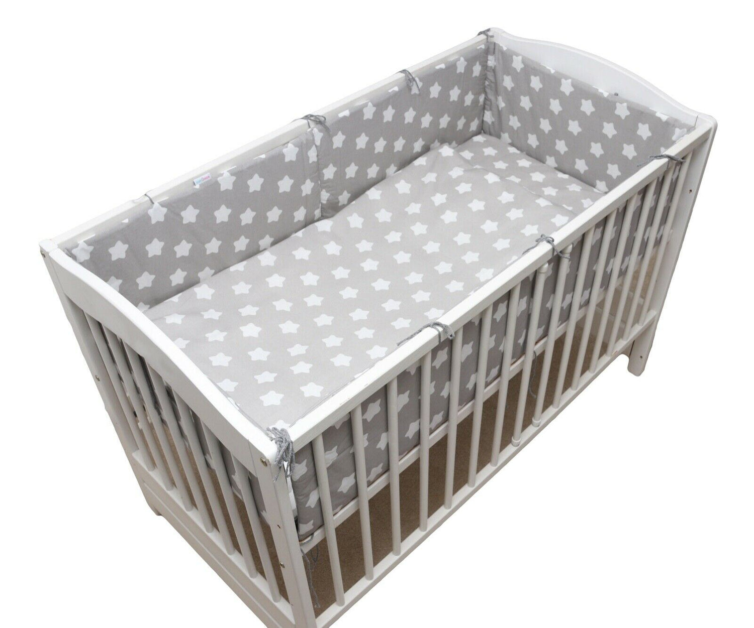 Baby Padded Bumper 100% Cotton To Fit Crib All Round 260cm Big White Stars On Grey - MyHappy Baby