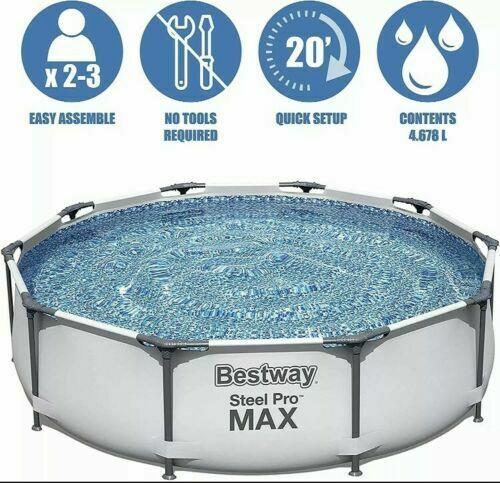 56408 Bestway 10Ft 305cmx76cm Grey Steel Pro Max Round Pool With Filtration Pump