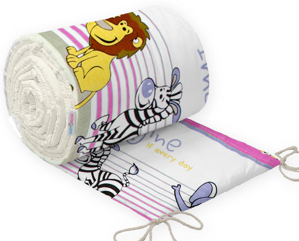 Baby Padded Bumper 100% Cotton To Fit Crib All Round 260cm Safari Pink